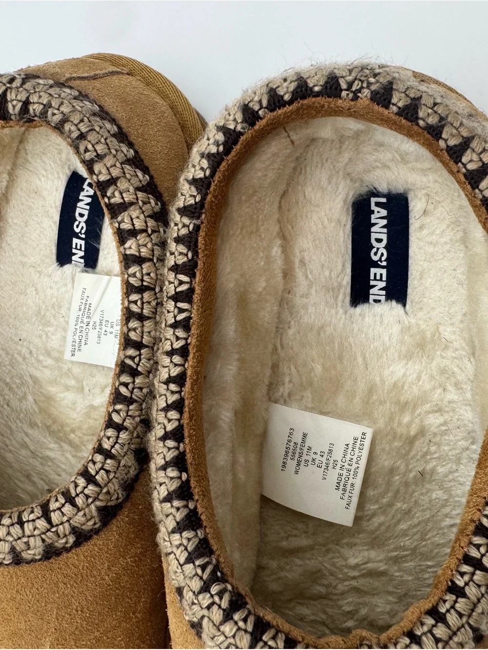 Lands' End Tan Suede Slip-On Slippers with Braided Trim Womens 11 Mens 9 new